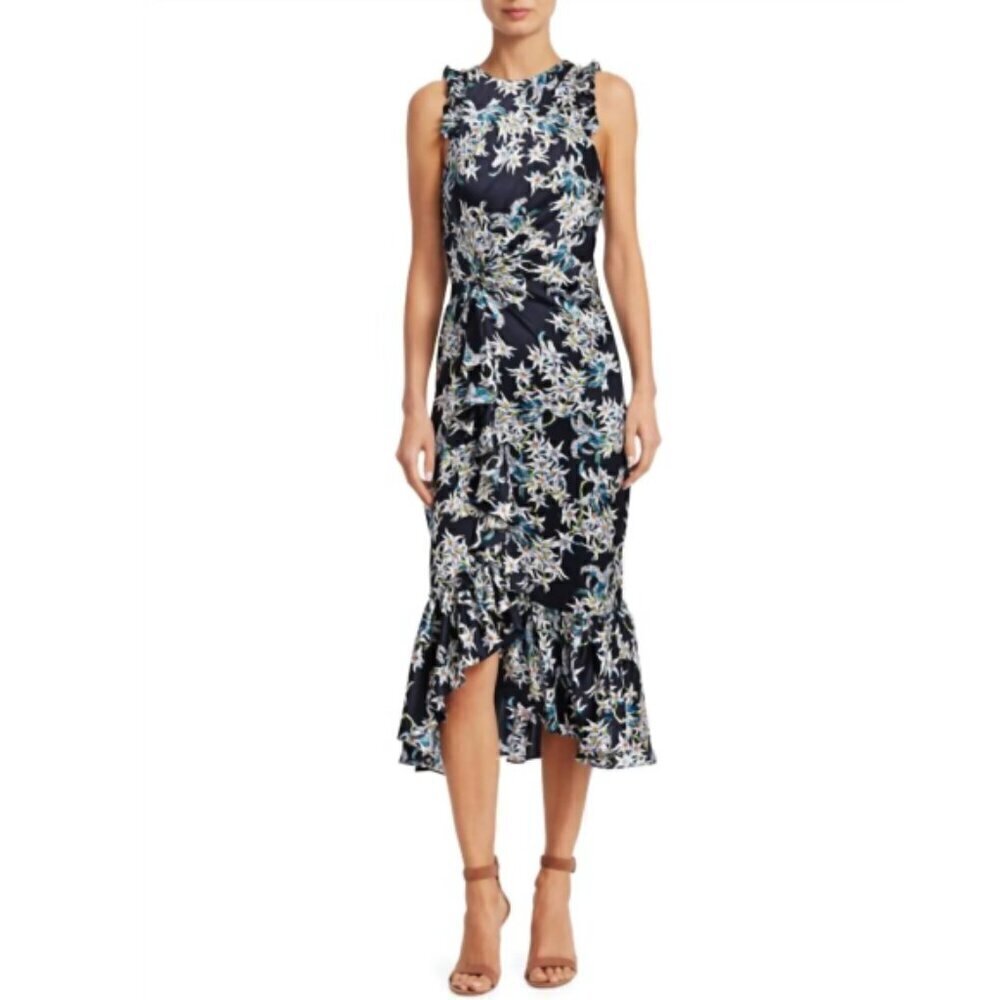 CINQ À SEPT 'Mirna' Floral-Silk Ruffled Midi-Dress, Navy Blue Multi